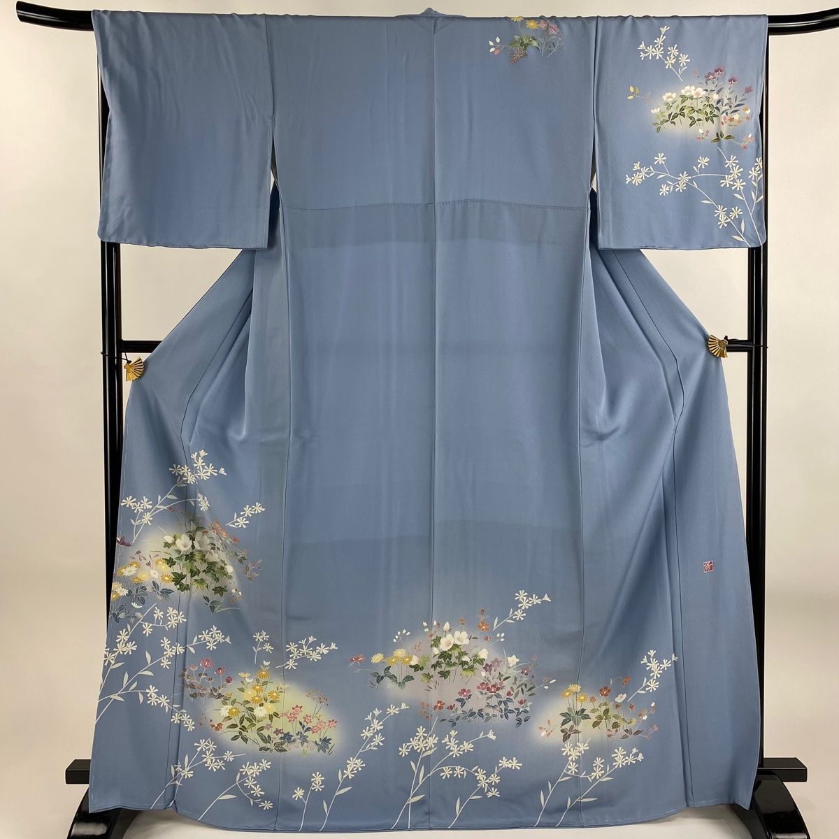 訪問着 身丈167cm 裄丈67cm M 袷 落款 草花 ぼかし 水色 正絹 秀品