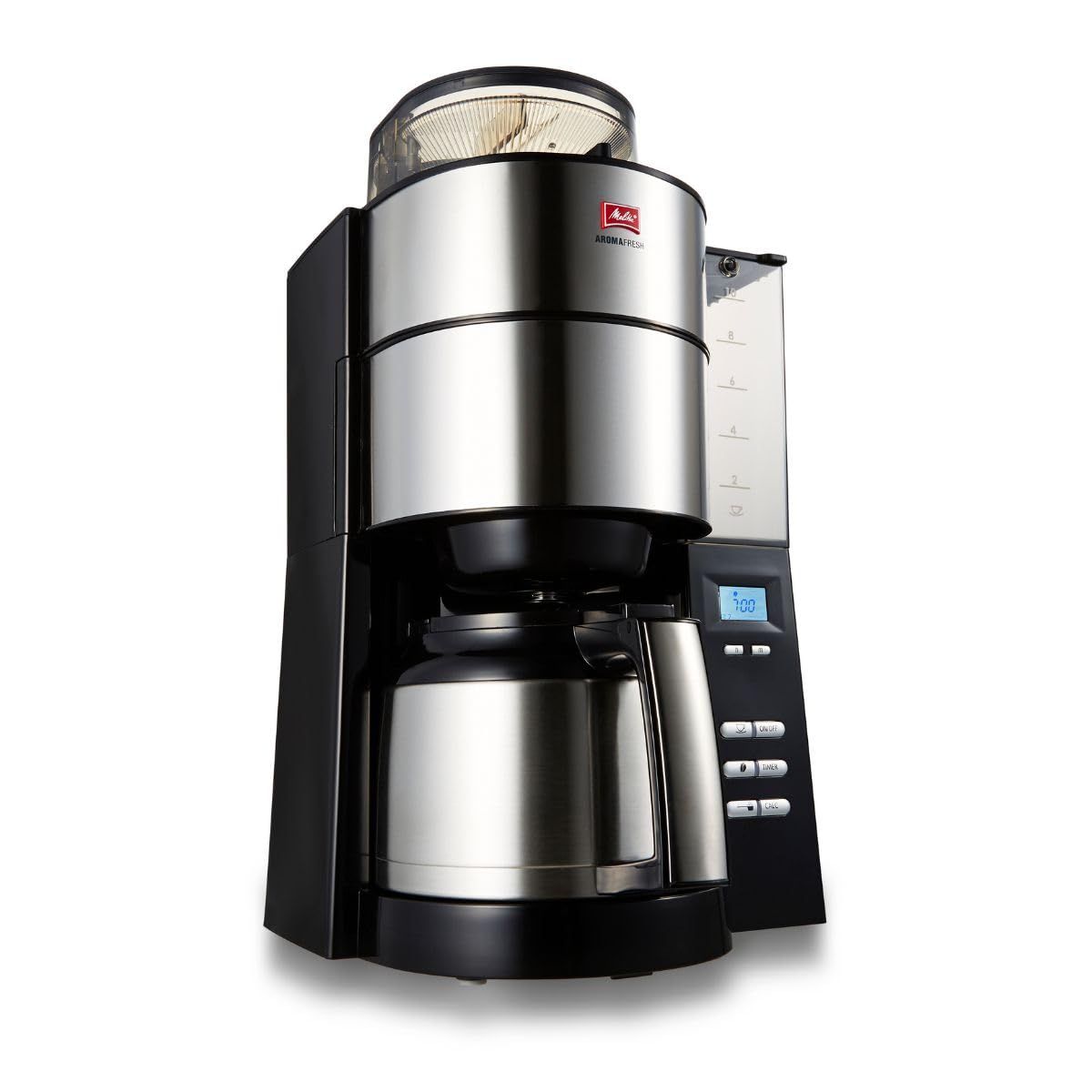 メリタ Melitta 全自動 コニカル式 コーヒーメーカー ミル付き アロマフレッシュ 10杯用 豆 粉対応|豆 水計量不要|挽き目段階調節 |タイマー予約機能|ステンレスポット 10杯用 新モデル