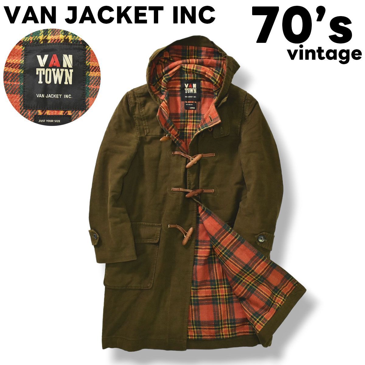 希少】 70sヴィンテージ ヴァンヂャケット VAN JACKET INC 裏地チェック柄 モールスキン ダッフルコート L オリーブ メンズ -  メルカリ