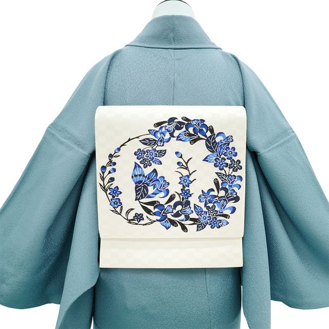 はる様　AO-5151 藍型 名古屋帯 琉球紅型 ちりめん カジュアル帯 正絹 はる様 AO-5151 藍型 名古屋帯 琉球紅型 ちりめん カジュアル帯