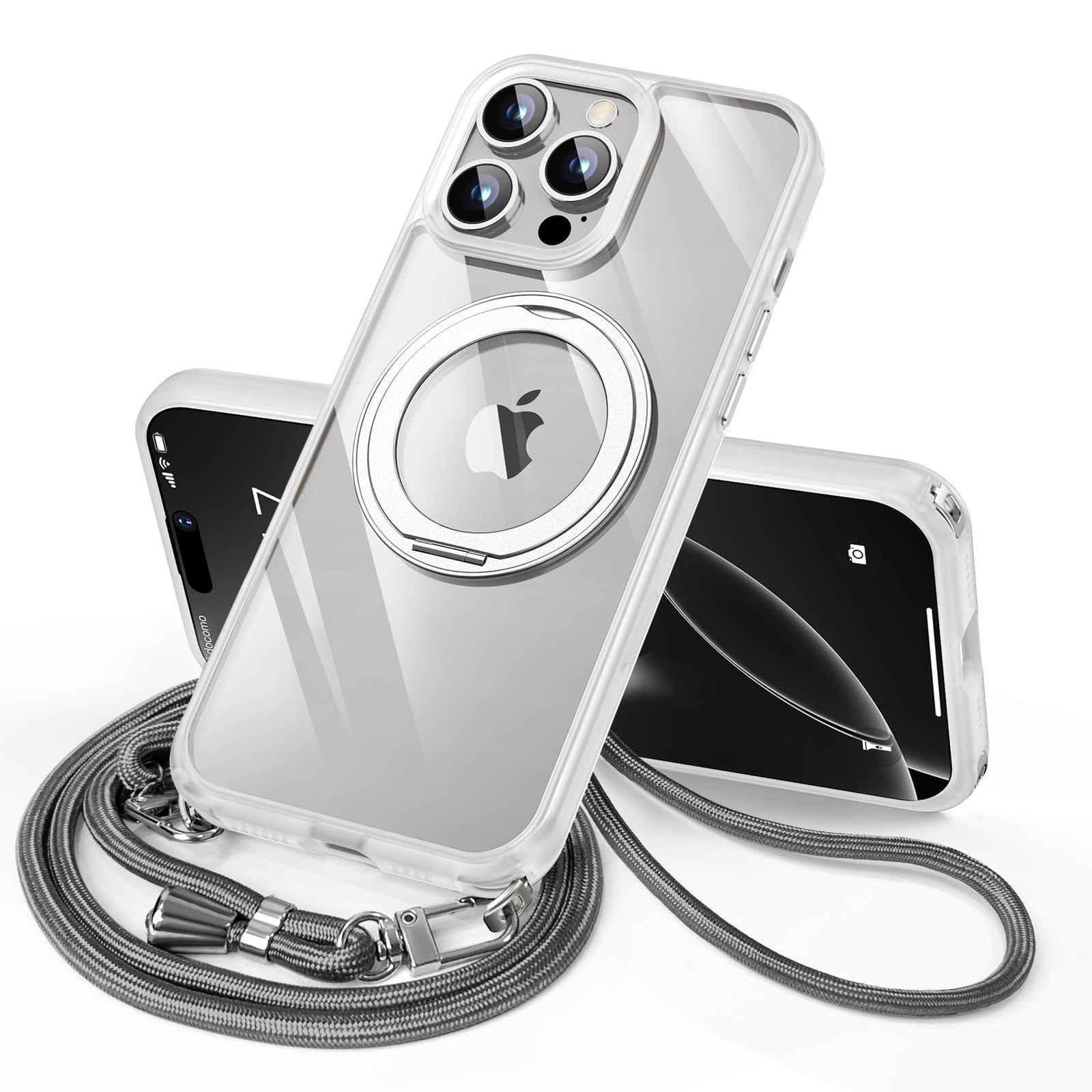 iPhone 14 Pro 用 ケース ダブルリング付き ショルダー ストラップ付き 多機能360度回転スタンド MagSafe対応 ワイヤレス充電対応 耐衝撃 薄型 透明 PC + 軽量 シリコン TPUバンパー おしゃれ スマホケース (クリア iPho