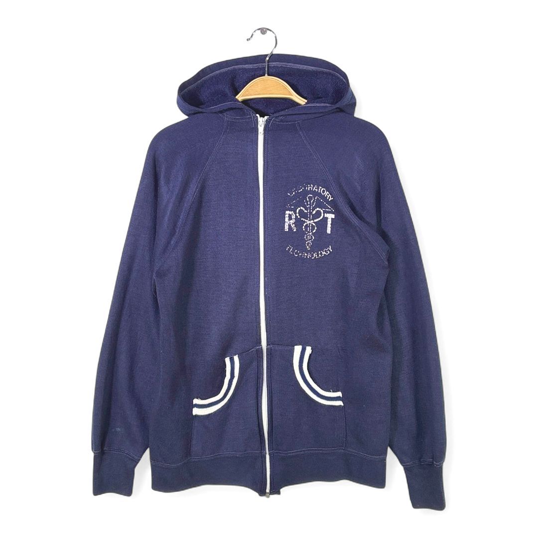 80s メディカルカレッジ ヴィンテージジップアップパーカー 曲がりポケット ネイビー メンズL相当 古着