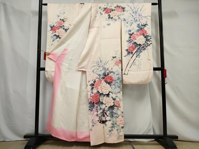 にこ　訪問着　単衣　銀駒刺繍　銀彩　花　百合　鉄線花　桔梗　着物　014k 訪問着レンタル・紅桔梗 紫系 暈し染め 駒刺繍 金彩 花草 雪輪