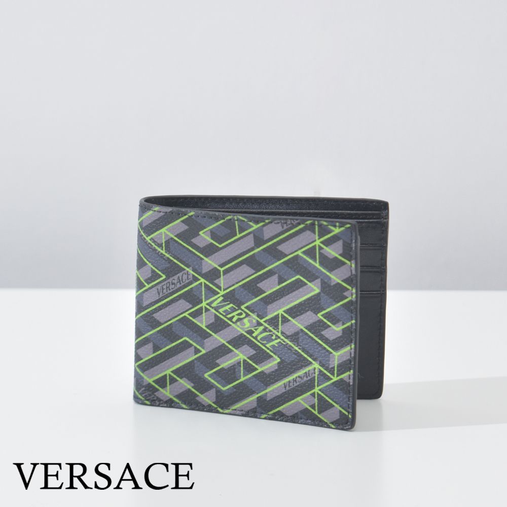 ヴェルサーチ 財布 グレカ メンズ お札入れ 本革 カーフスキンレザー ブラック グリーン ブランド VERSACE 二つ折り財布 ラ グレカ シグネチャー 立体ロゴ 蛍光 黒 レザー DPU2463 1A06114