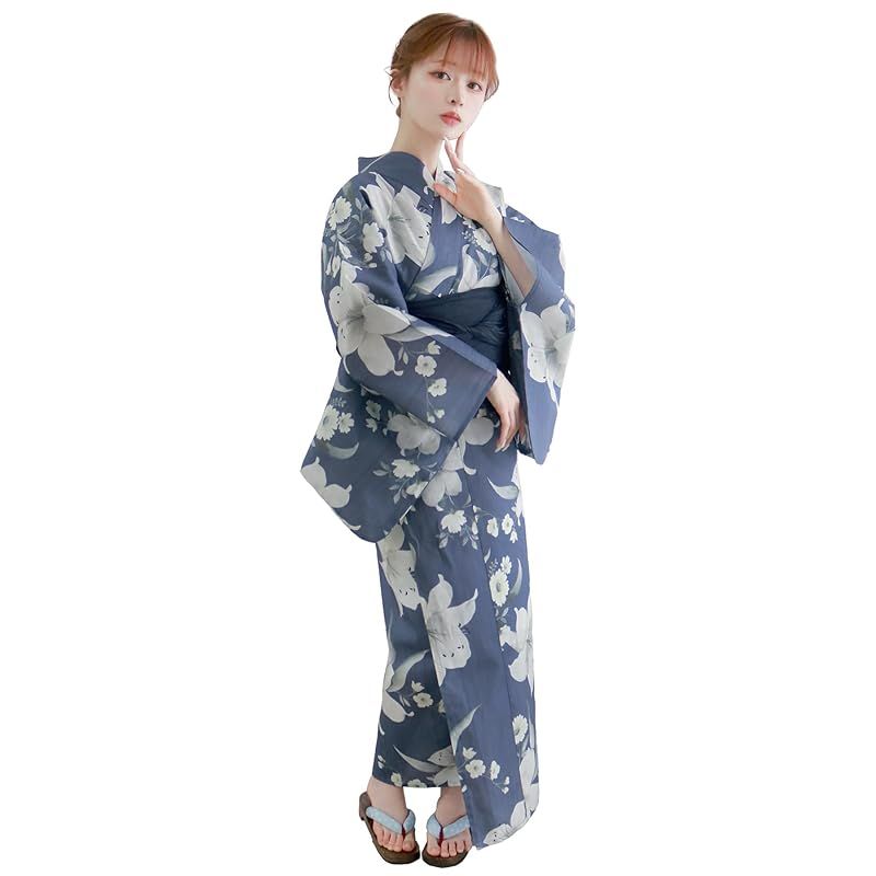 KYOETSU キョウエツ 浴衣セット 変わり織 生成り 二部式 4点セット 浴衣 兵児帯 肌着 下駄 レディース AB フリーサイズ 14.百合小花の宵纏い