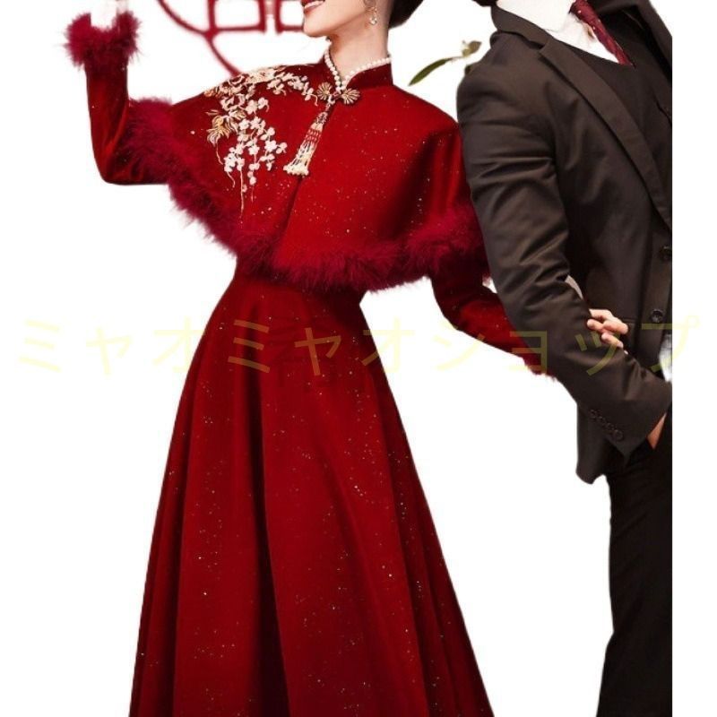 ゲストドレス ワインレッド 結婚式ドレス 二次会ドレス ワイン赤 ロングドレス ベロア ベルベット チャイナ風 立ち襟 ミモレ丈 ロング丈 長袖 半袖 お呼ばれドレス オシャレ イブニングドレス パーティードレス パフスリーブ 結婚式 二次会 1184