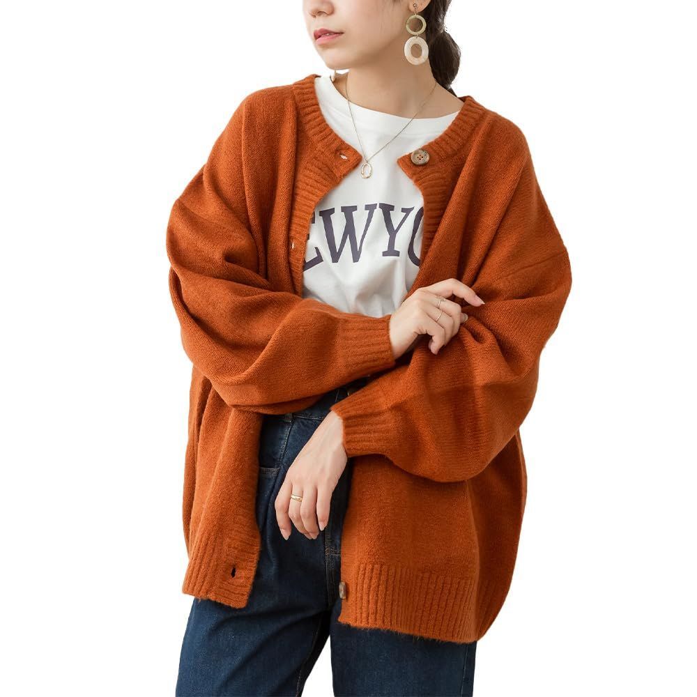 LL-3L_ブラウン ATN-0029 アットワン クルーネックふわふわニットカーディガン ボレロ カーデ 丸首 ボタン 羽織り ニット オーバーシルエット ゆったり 大きめサイズ カジュアル LL-3L ブラウン