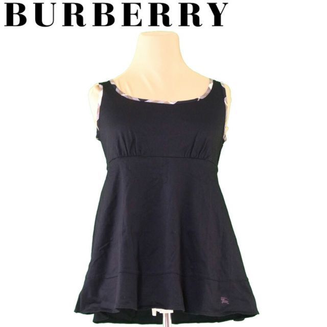 バーバリー ブルーレーベル トップス フレアー ♯38サイズ ノースリ チェックパイピング ブラック ベージュ系 綿 コットンBURBERRY BLUE LABEL レディース プレゼント ファッション  A1783 A 