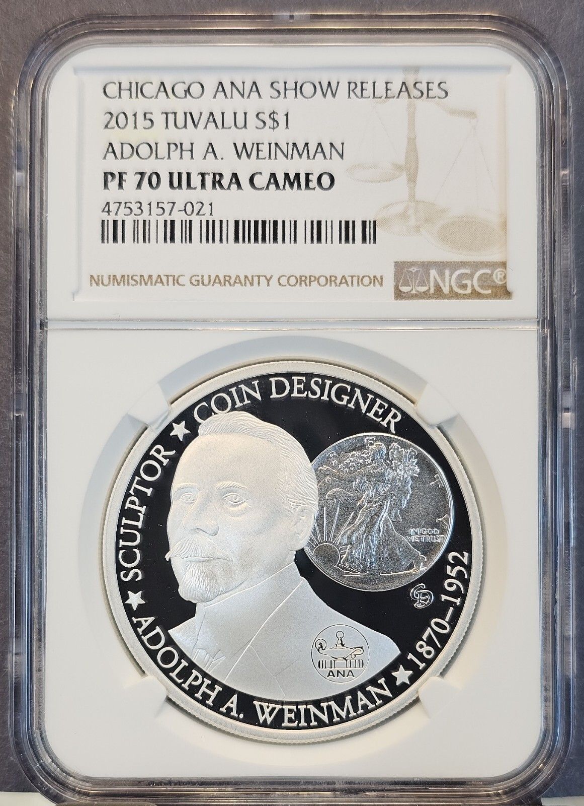 2015 TUVALU SILVER 1 DOLLAR CHICAGO ANA ADOLF WEINMAN NGC PF 70 ULTRA CAMEO