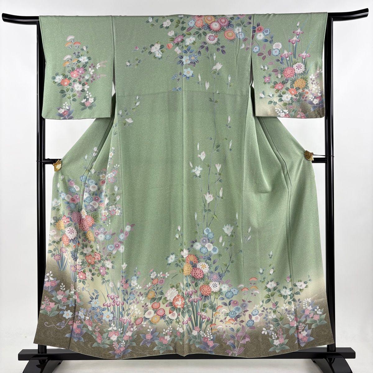 訪問着 身丈157.5cm 裄丈64cm M 袷 草花 金銀彩 ぼかし 緑 正絹