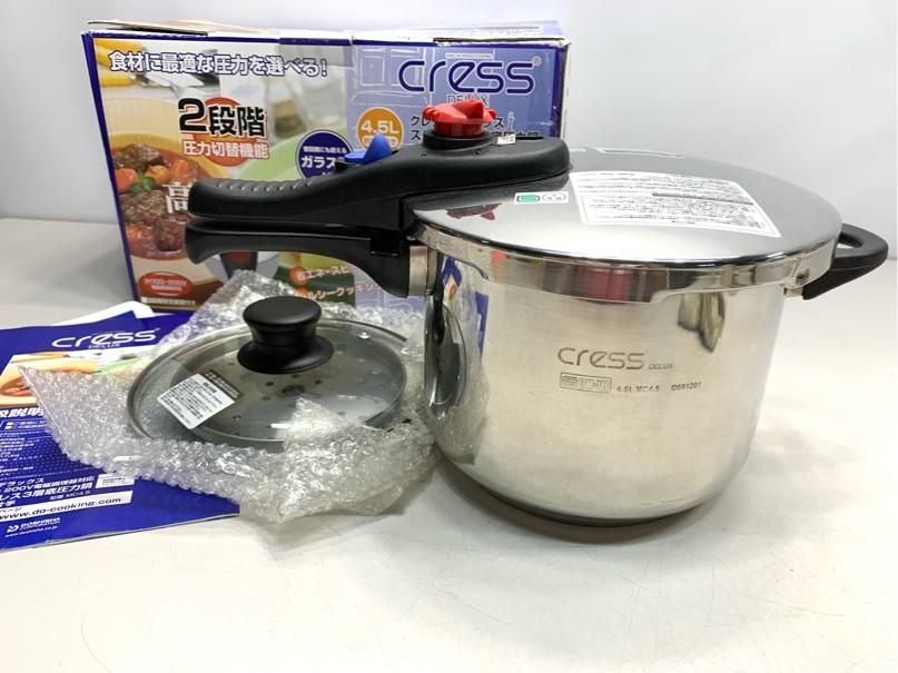 片手圧力鍋　4.5L　IH対応　ステンレス3層底圧力　2段階圧力切替機能　ガラス蓋付　cress delux A6474A10