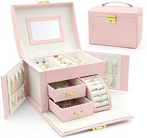 ピンク ジュエス - 鏡付き ジュエリーケース 大容量宝石箱 持ち運び 仕切り付きジュエリ収納ス アクセサ 鍵付き じゅえりーぼっくす ネックレス 指輪 イヤリング収納 女性 アクセサリ ジュエリ ピンク