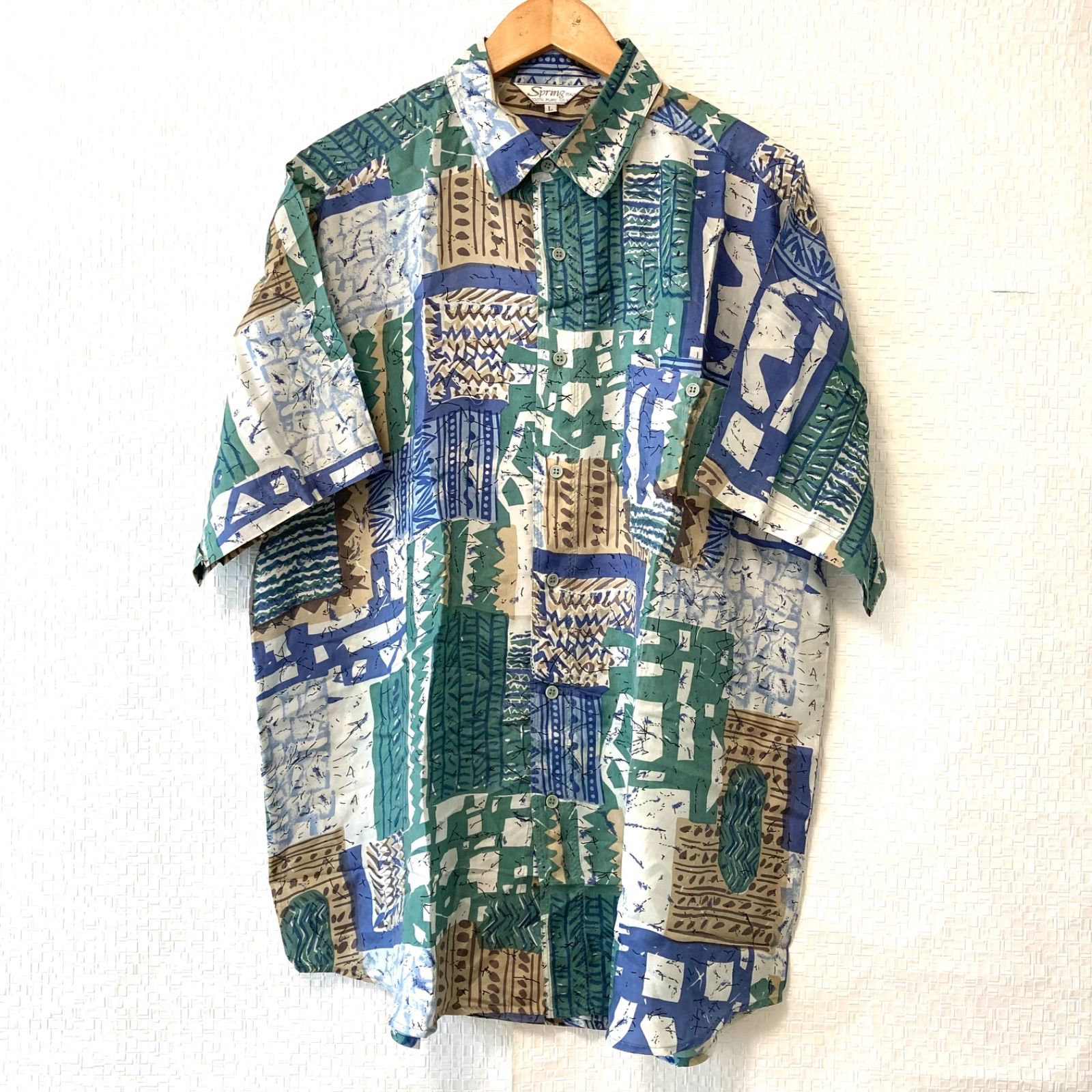 古着 90's 総柄シャツ アロハシャツ レトロ ビンテージ 一点物 BLUE SKY ビンテージ 90s アロハシャツ L 半袖 総柄 レーヨン 青