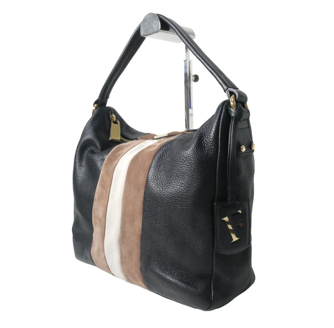 美品 FURLA フルラ ワンショルダーバッグ ハンドバッグ ストライプ柄 ロゴチャーム レザー スエード ブラック レディース