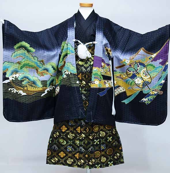 七五三 五歳 男児 羽織袴フルセット 着物 黒地 鷹 袴変更可能 NO37003 七五三 着物 男の子 5歳 羽織袴セット 「黒 鷹、蔓帯」 フル