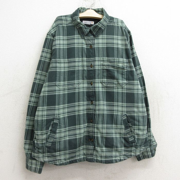 古着 カーハート 長袖 フランネル シャツ ジャケット キッズ ボーイズ 子供服 緑他 グリーン チェック 内側フリース 24oct24