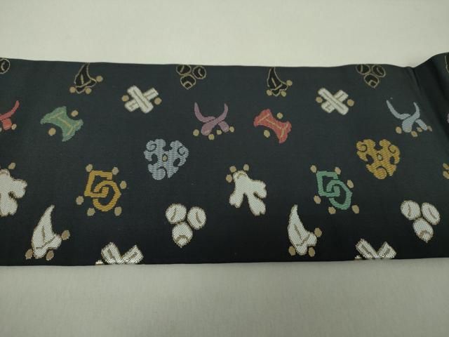 平和屋着物○九寸名古屋帯 宝尽くし 黒地 金糸 正絹 逸品 DAAS3609ps