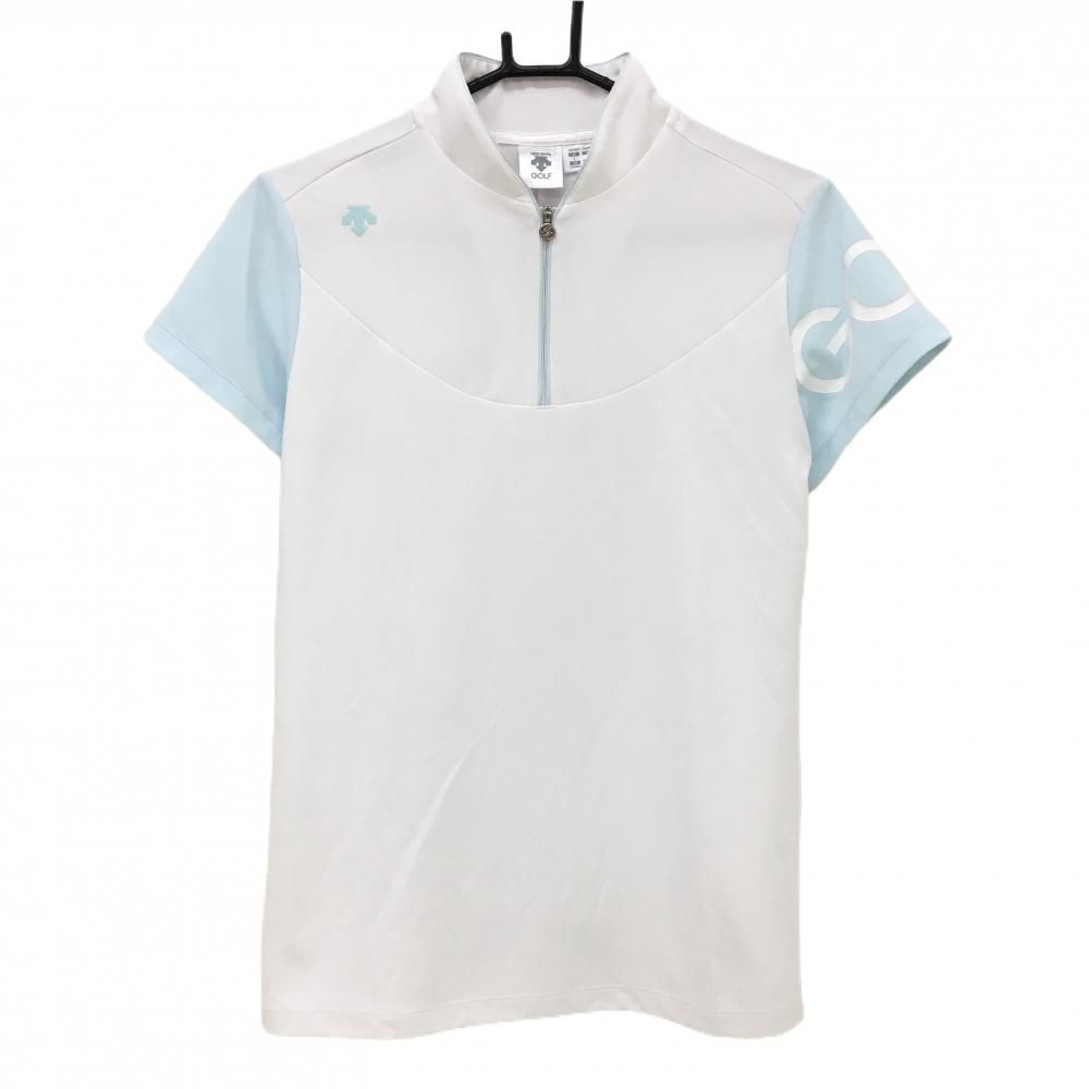超美品】デサントゴルフ 半袖ポロシャツ 白×ライトブルー スタンド