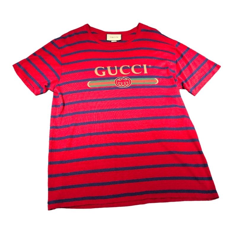 グッチ GUCCI ヴィンテージロゴボーダーTシャツ 604177 レッド リネン