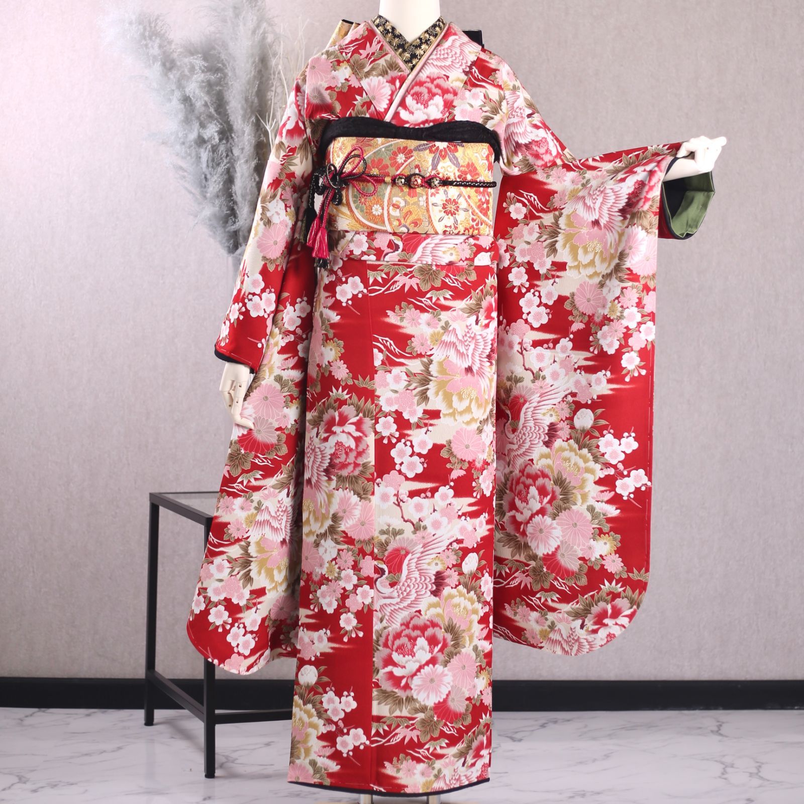 振袖フルセット 振袖セット 振袖 S～Mサイズ 赤×モダン 美品
