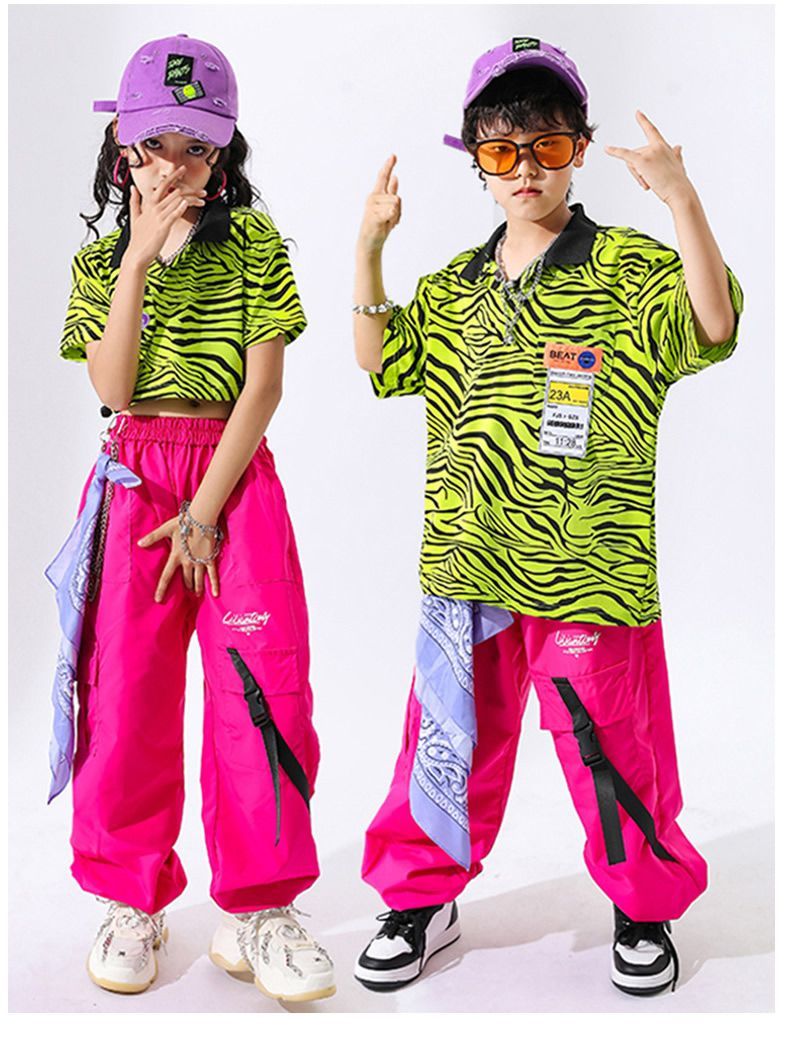 ガールズ ヒップホップ ダンス衣装 4点セット セットアップ かっこいい 派手 K-POP ピンク ゼブラ柄 ダンスファッション へそ出し 韓国