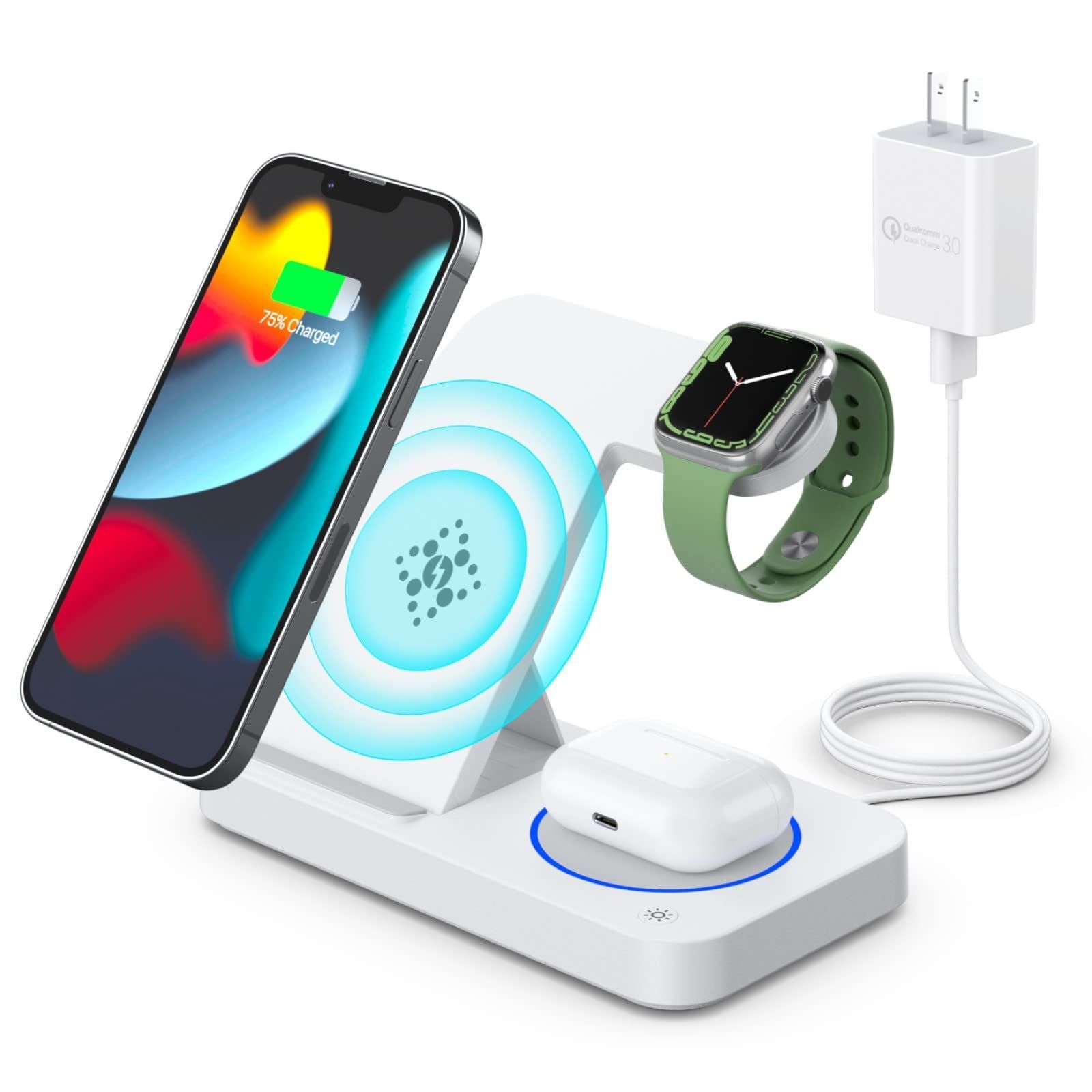 【数量限定】3in1 インテリジェントワイヤレス充電ステーション Qi認証 15W急速充電ワイヤレス充電器 Apple Watch 充電スタンド 18Wアダプター付属 スマホスタンド PSE認証済 Qiスマホ機種全対応 iP