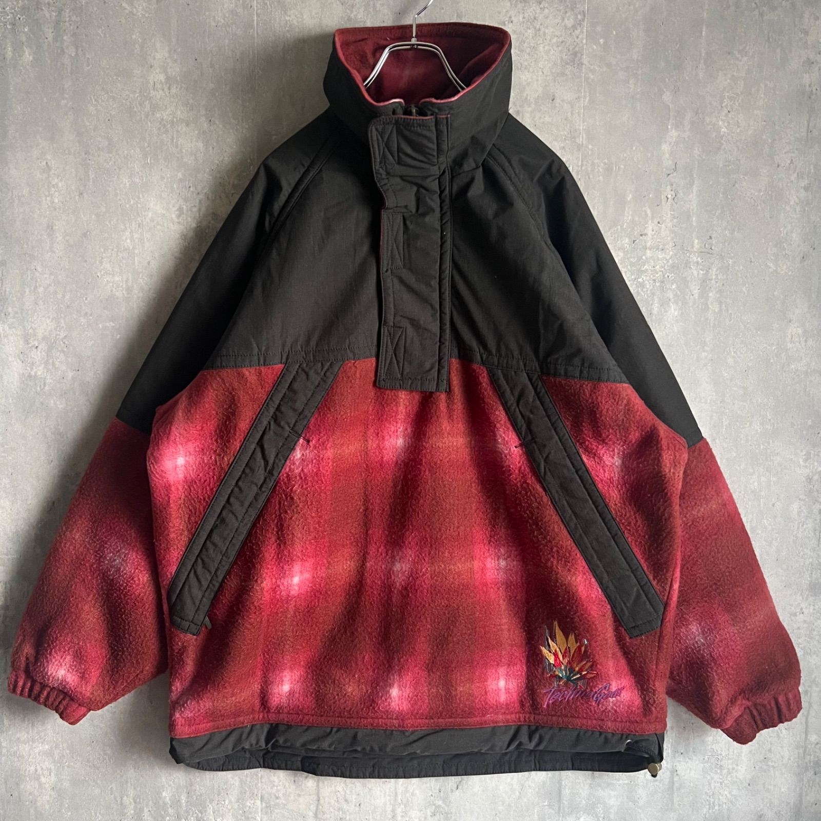 90s DESCENTE デサント テクノギア ハーフジップフリースジャケット シャドウチェック 刺繍デザイン TEC-9023 XLサイズ
