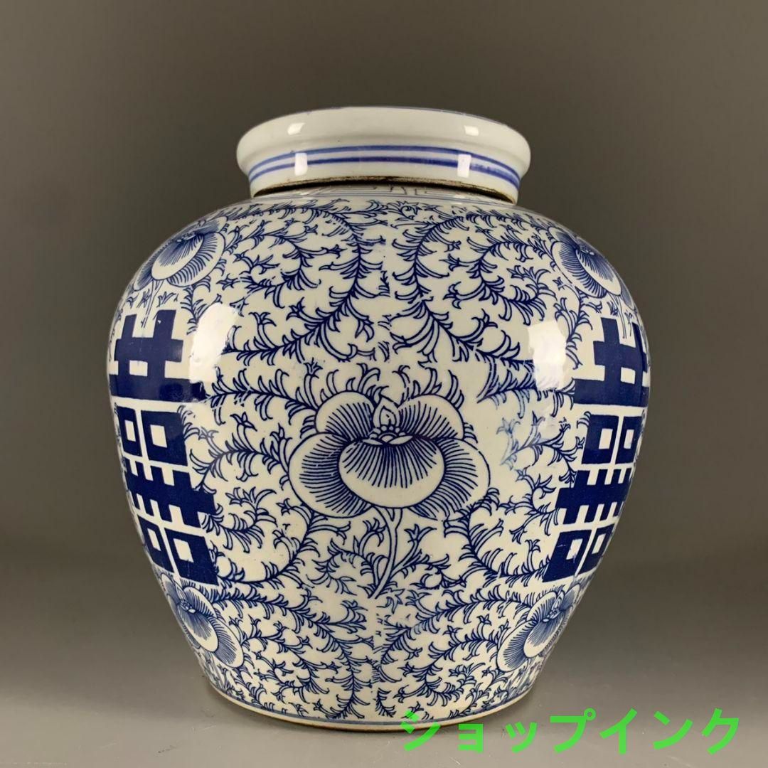 景徳鎮 磁器 青花氷梅山水人家蓋缶 茶葉缶 現代工芸品 美術品 装飾品 青花喜字缶 茶缶 茶道具 景徳鎮 陶磁器 装飾品 現代工芸品 美術
