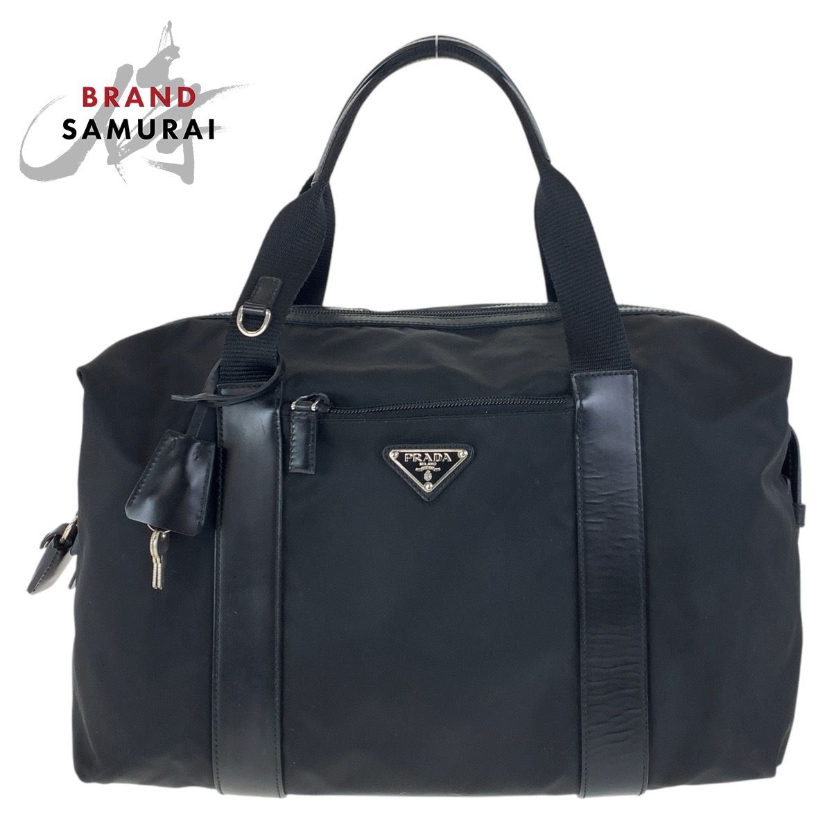 美品 プラダ PRADA ミニボストンバッグ 三角プレート ナイロン 本革
