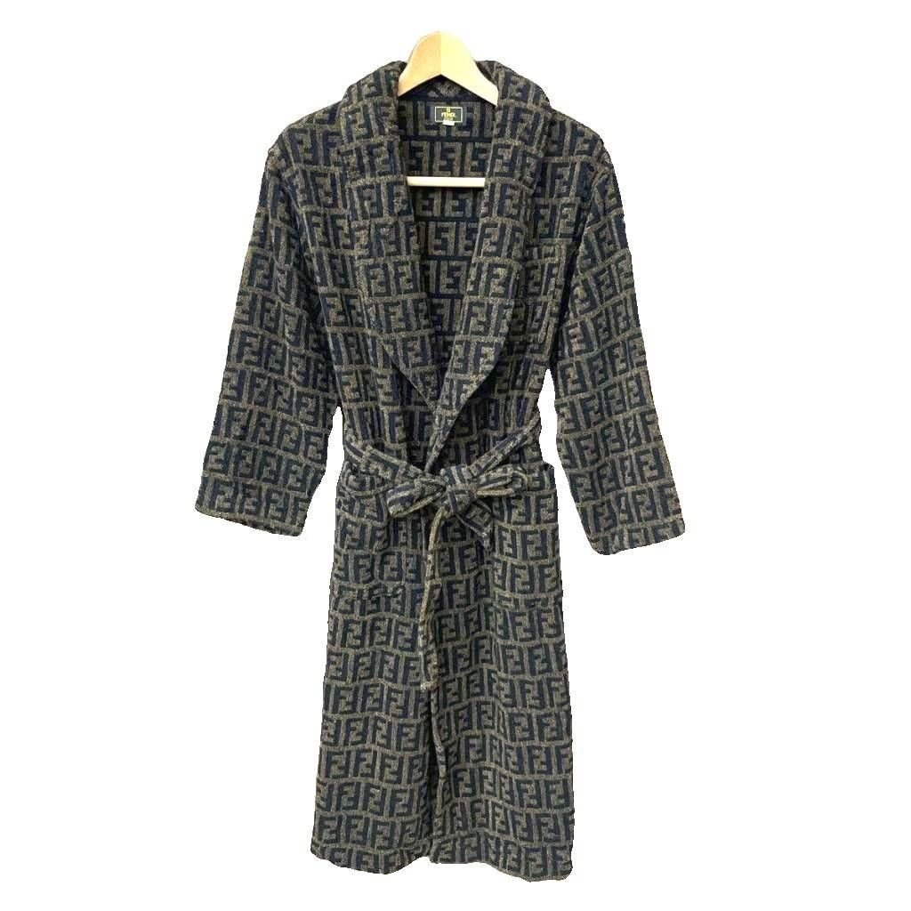 フェンディ FENDI ズッカ柄 バスローブ ガウン ルームウェア パイル地 Fロゴ F 茶 ブラウン 黒 AA