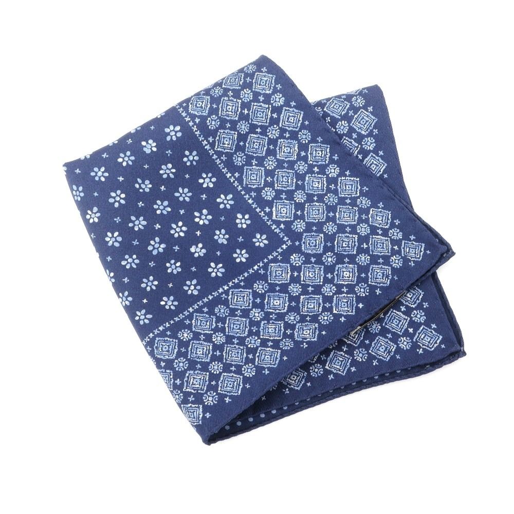 【新品】カナーリ CANALI シルク 小紋柄 ポケットチーフ ネイビーxライトブルー【メンズ】