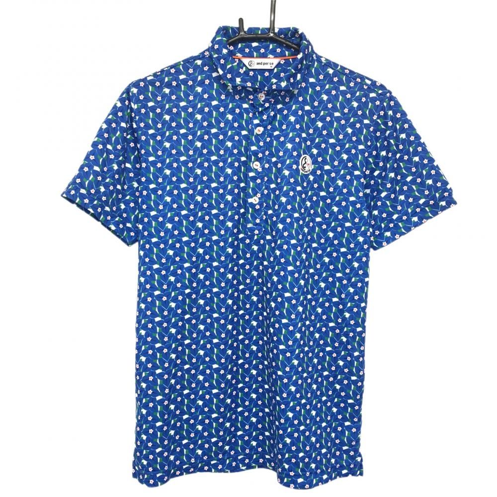 SALE35％OFF【超美品】アンパスィ 半袖ポロシャツ ブルー×白×オレンジ 花柄 メンズ M ゴルフウェア and per se