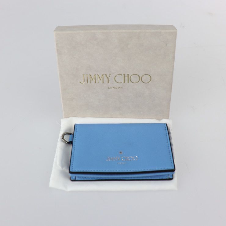 JIMMY CHOO ジミーチュウ  CLIFFY クリフィー カードケース  レザー   ライトブルー系 シルバー金具  二つ折り 名刺入れ 【本物保証】