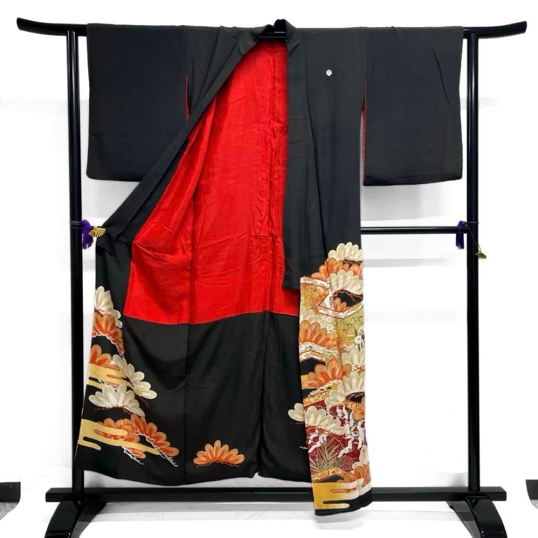 アンティーク 黒留袖 金駒刺繍 金彩 五つ紋 屏風 松竹梅 着物 094b d