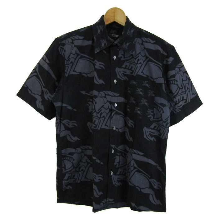 バーバリーブラックレーベル 半袖シャツ トップス 総柄 ナイトロゴ メンズ 2サイズ 黒×グレー BURBERRY BLACK LABEL