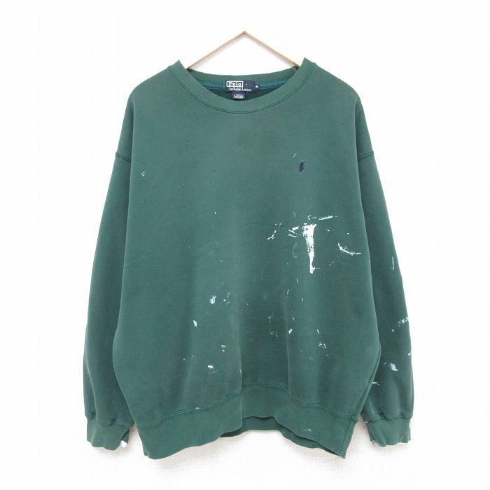 XL/古着 ラルフローレン Ralph Lauren 長袖 ブランド スウェット メンズ 90s ワンポイントロゴ 大きいサイズ クルーネック 緑 グリーン 25f