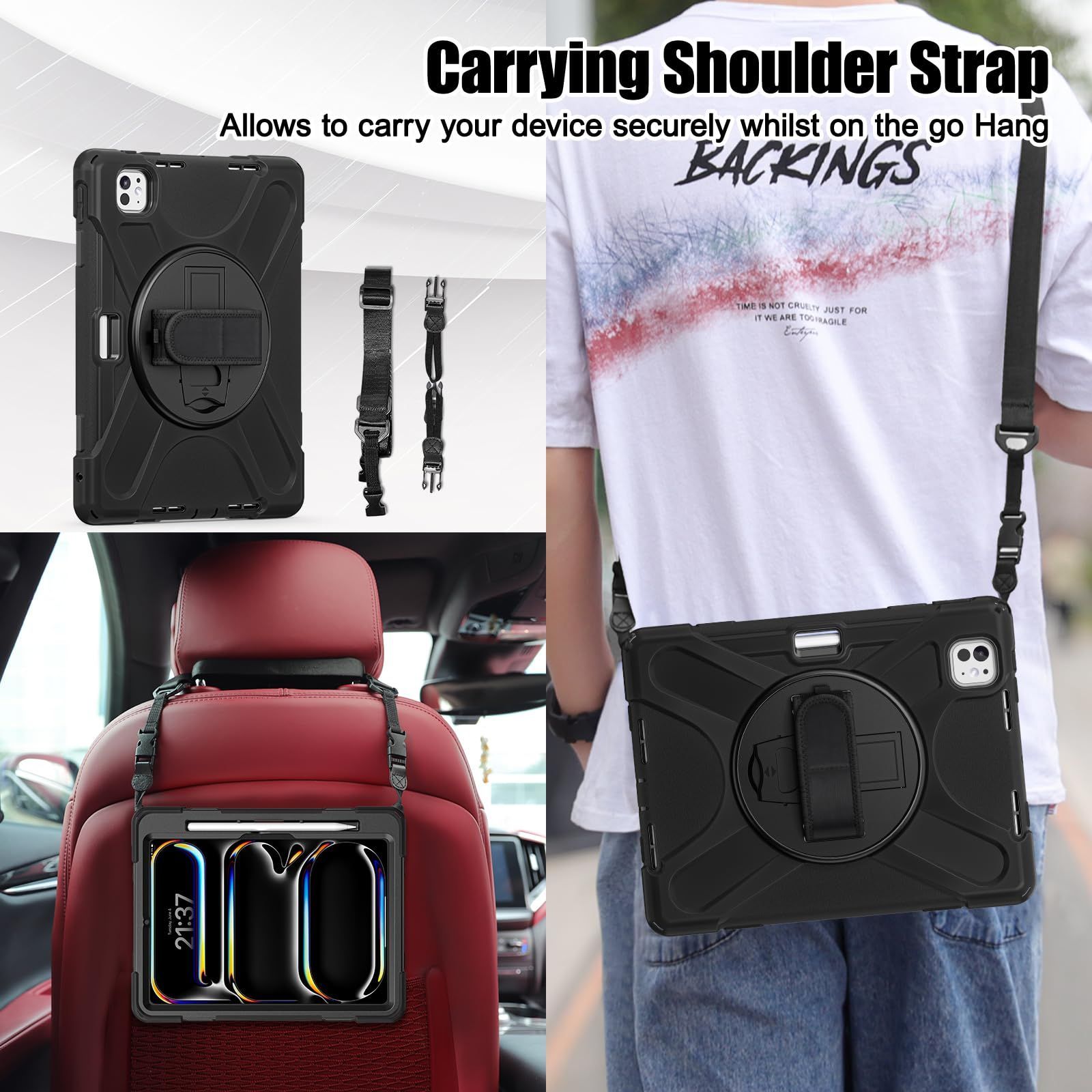 頑丈で傷防止 子供向け 取り外し なショルダーストラップ付属 スタンド付きで縦横両方向設置 リストストラップ付属 耐衝撃シェル 11インチ モデル対応ケース ブラック Pro 耐久性あり 保護フィルム付属 ペン収納スロット