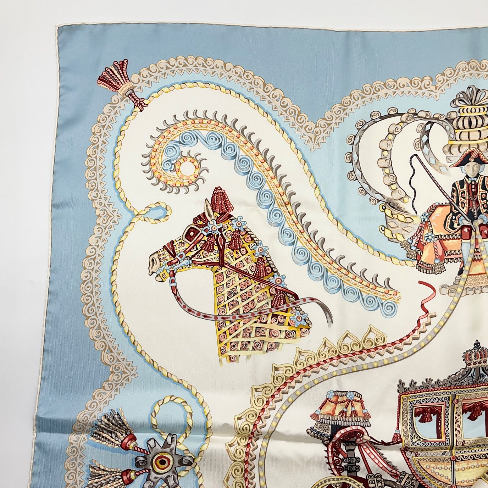 HERMES エルメス カレ90 スカーフ PAPEROLES パプロール 馬車と貴族 シルク ブルー系 ホワイト マルチカラー ABランク 6_193