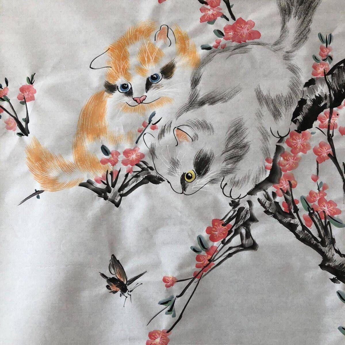 【オープニング 大放出セール】 中国美術・純手描き三尺猫画芯・水墨画・動物画・菊生印款・肉筆 絵画