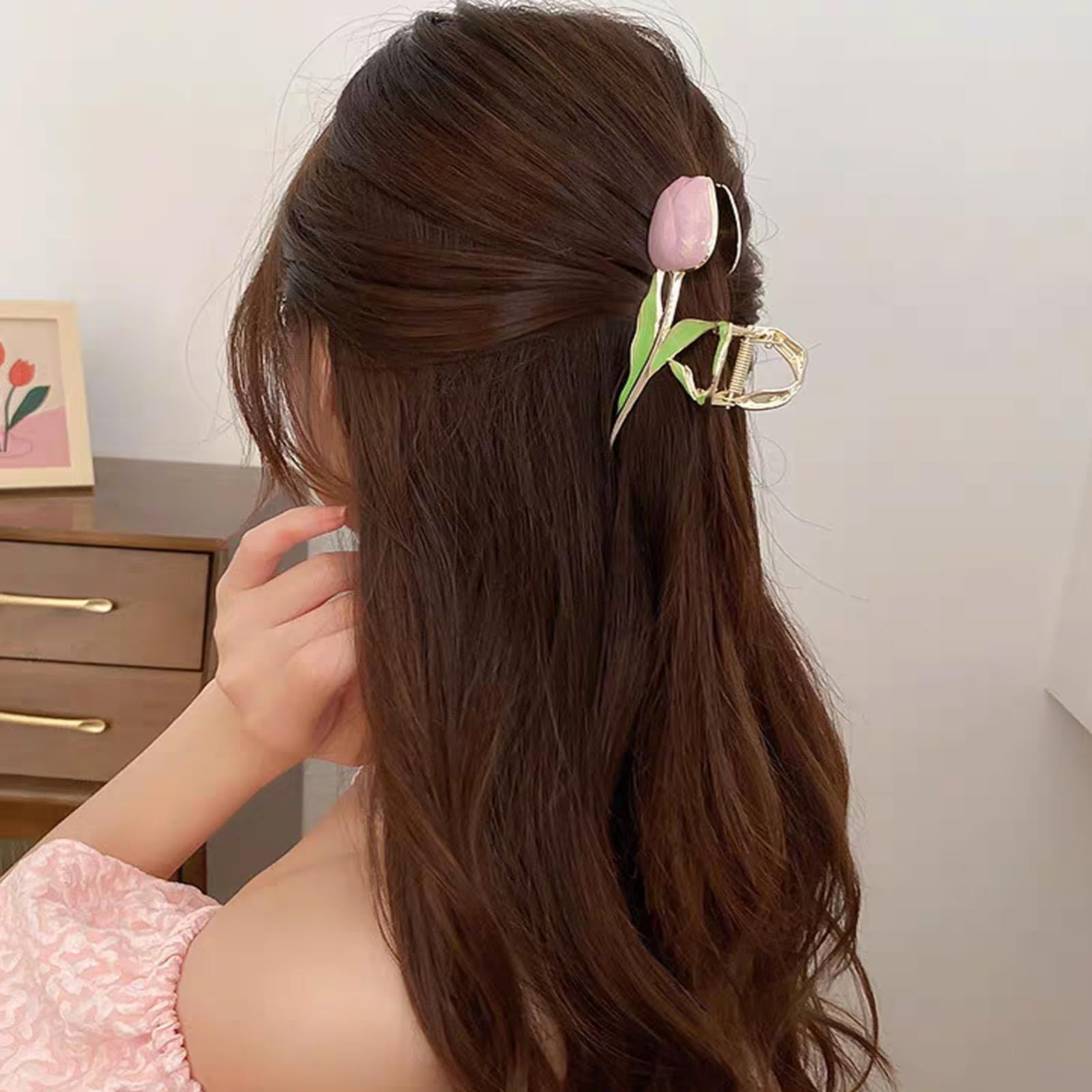  ヘアクリップ オフィス シンプル ヘア 髪飾り バンスクリップ 髪留め 韓国風 おしゃれ 贈り物 HAPVITAL レディース用 クリップ 大きめ ピンクのチューリップ クリップ クリップ 輪ゴム