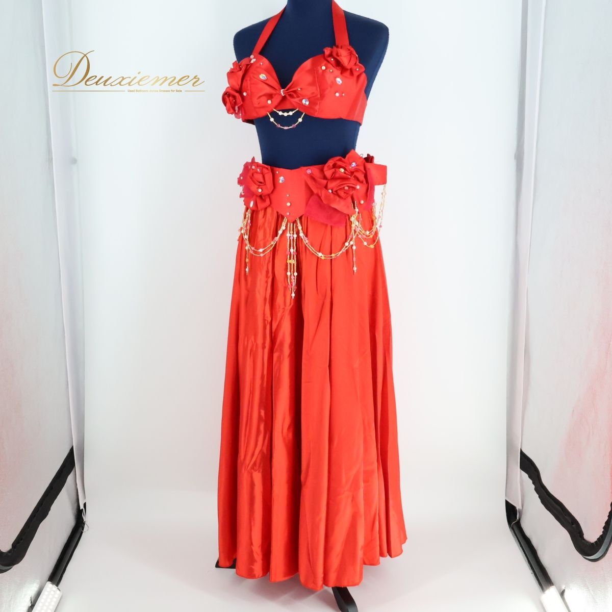 中古　赤　ビジュー装飾ベリーダンスセット 赤ベリーダンスセットアップ5点セット