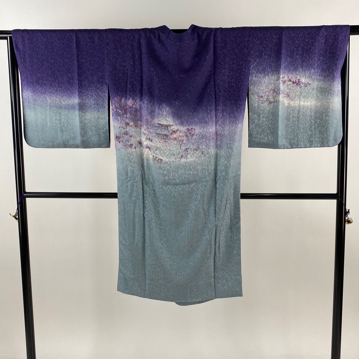 道行 身丈109.5cm 裄丈67cm M 和装コート 千代田衿 建物 枝花 ぼかし 青灰色 正絹