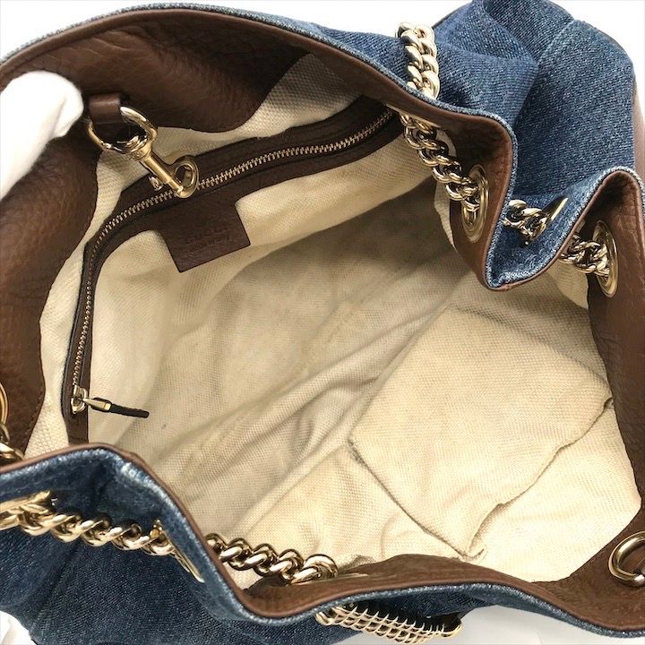良品 GUCCI グッチ ソーホー デニム レザー フリンジ チェーン  