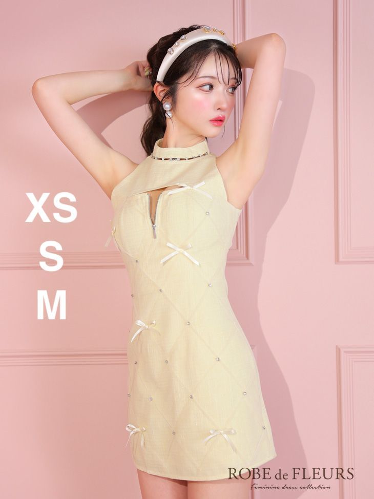 レモンイエロー fm3531-IV-2405 XSサイズあり ROBE de FLEURS|ローブドフルール バレエコアランダム| スイート| ミニリボン| フ | ミニドレス| キャバドレス| ナイトドレス