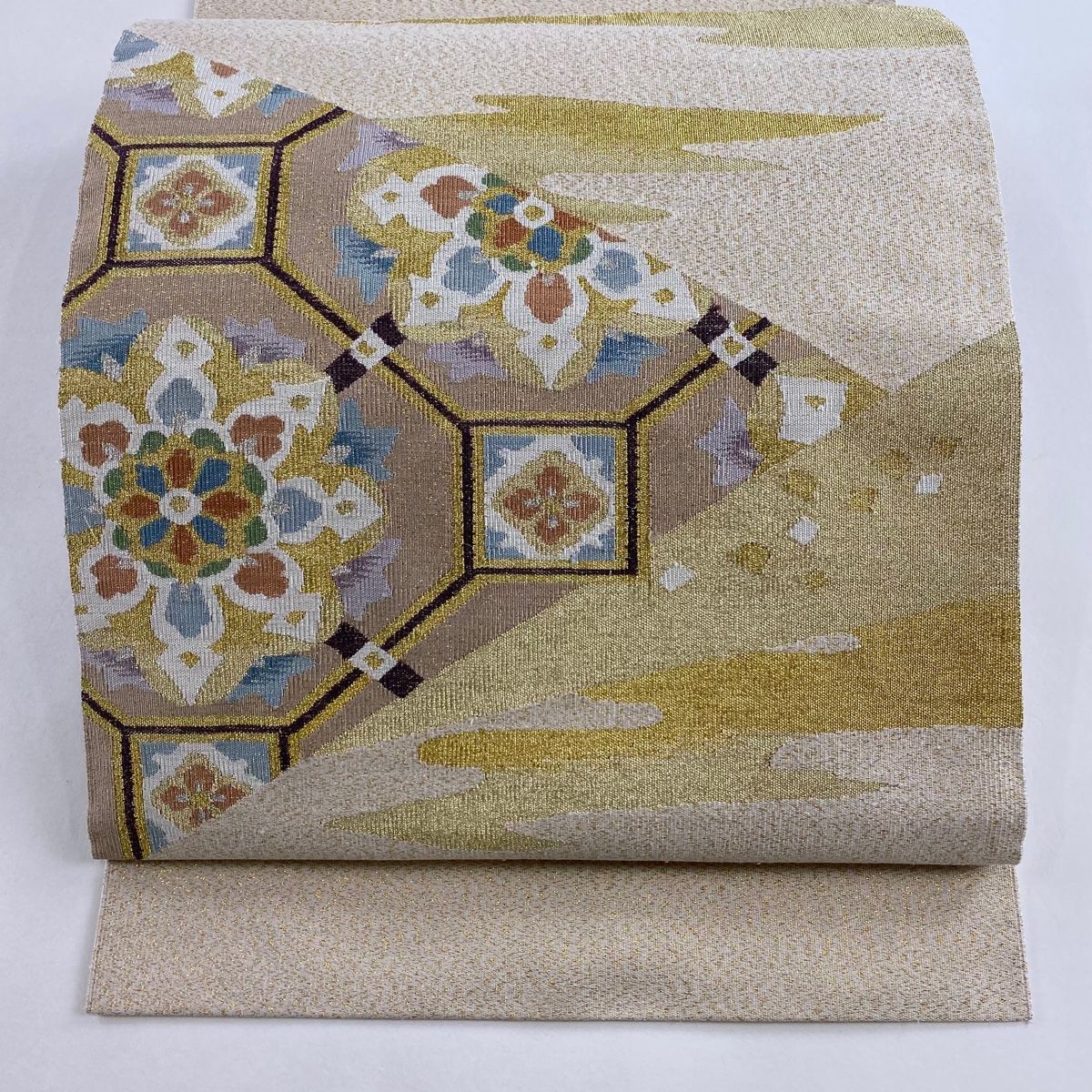 名古屋帯 秀品 八寸名古屋帯 松葉仕立て 華文 霞 金銀糸 ベージュ 正絹