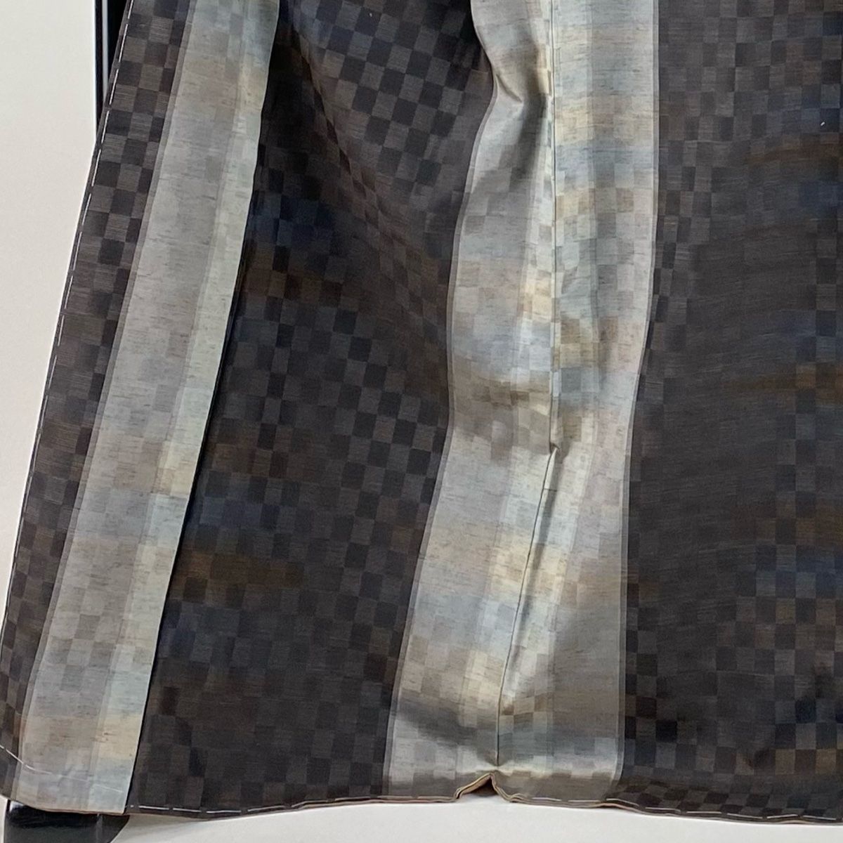 紬 身丈172cm 裄丈69cm L 袷 市松 縞 茶紫 正絹