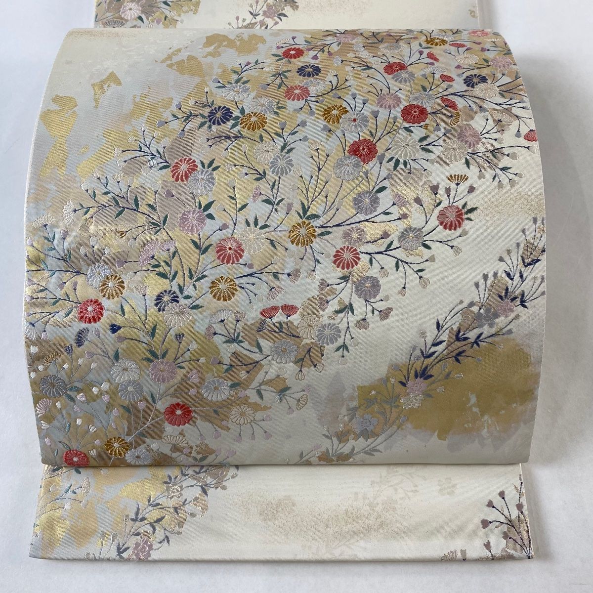 袋帯 美品 名品 草花 花菱 金糸 箔 灰色 六通 正絹 【中古