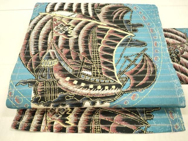 平和屋着物＊夏物 アンティーク 大正ロマン 九寸名古屋帯 花舟文 銀糸 正絹 DAAX5921cm