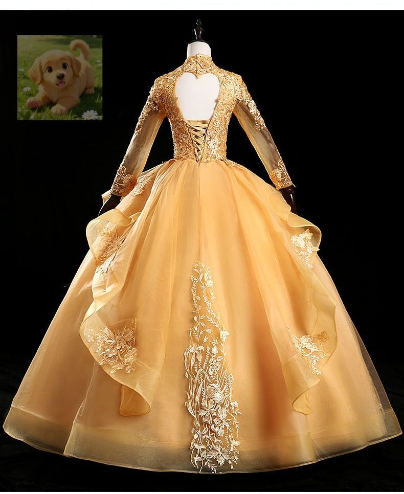 ゴールドドレス ロング袖タイプ プリンセスライン パーティードレス 二次会