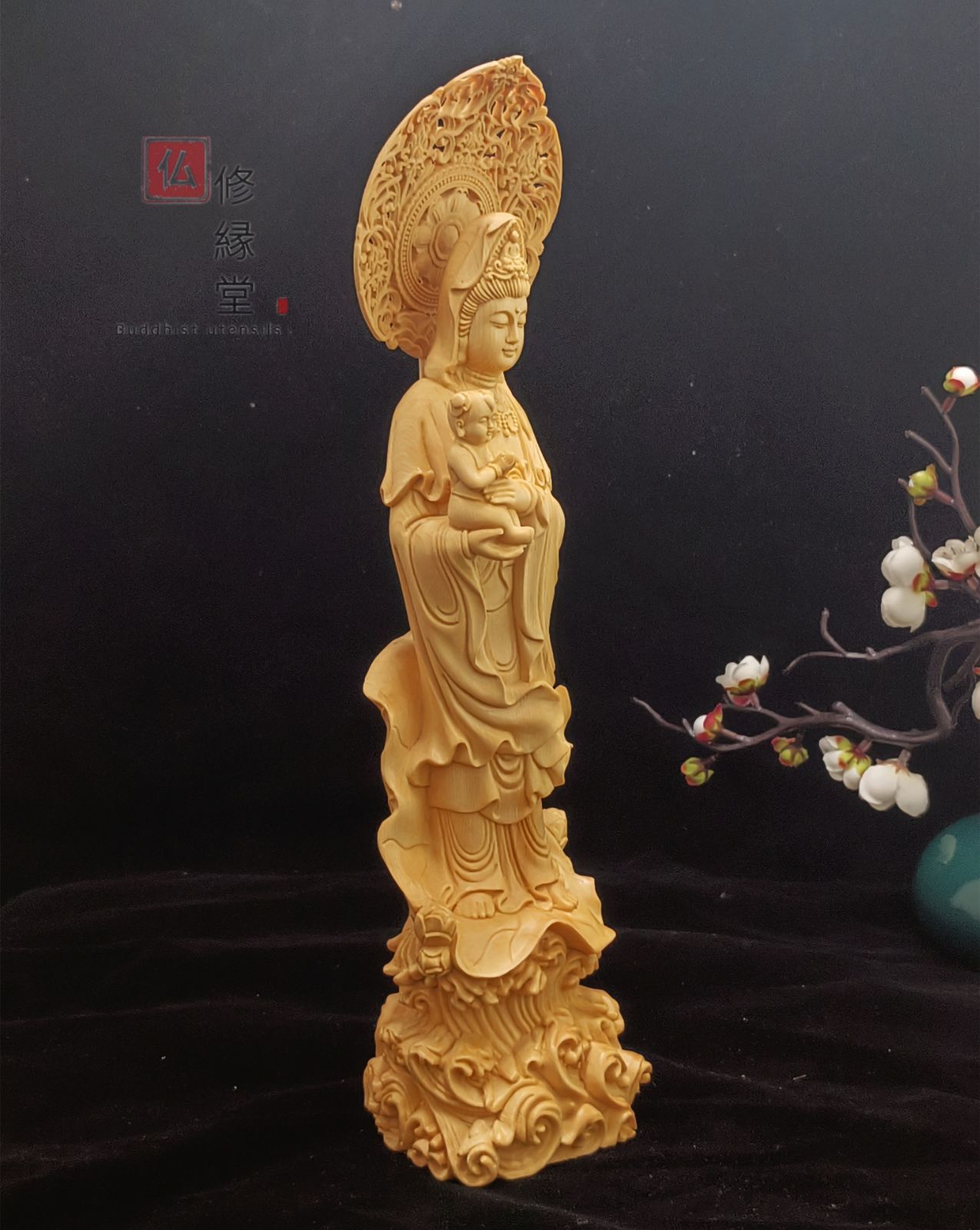 最高級 木彫仏像 北辰妙見菩薩立像 一刀彫 天然木檜材 財前彫刻 仏教 